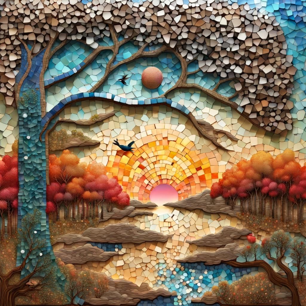 Surreal Mixed Media Landscape with Mosaic Sky