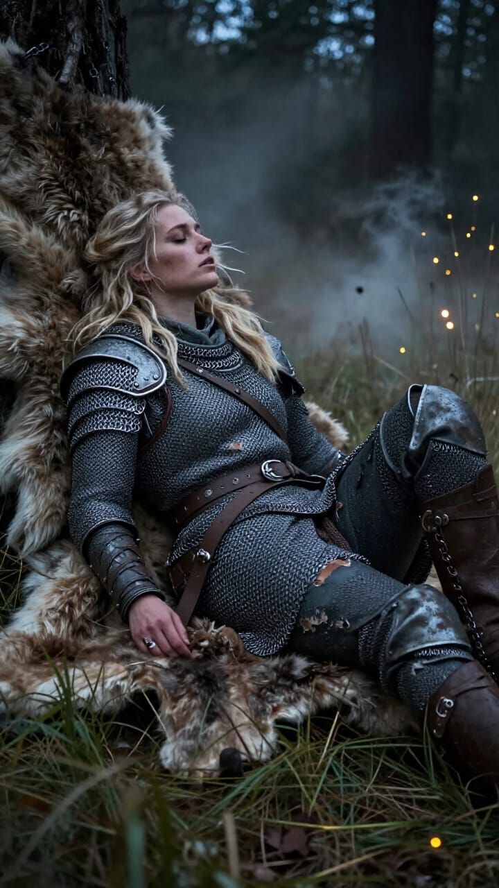 Exhausted Shieldmaiden Rests in Forest Clearing After Battle