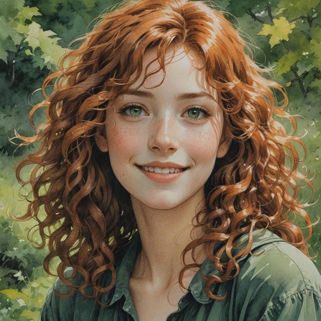 Portrait of Smiling Woman in Watercolor Style