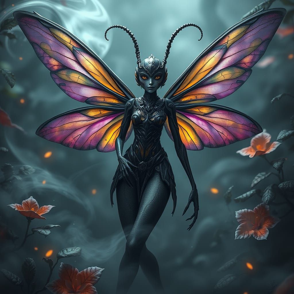 Majestic Dark Fantasy Fairy in Whimsical Art Nouveau Style