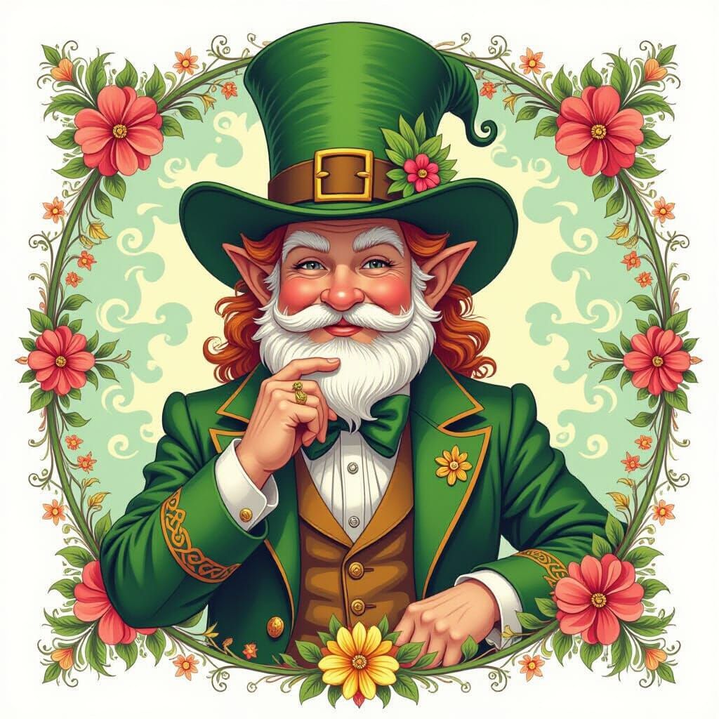 Whimsical Leprechaun in Floral Fantasy Style