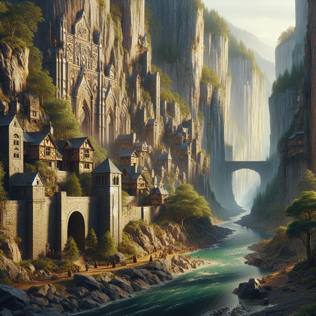 Medieval River Gorge Fantasy Mural in Matte Painting Style