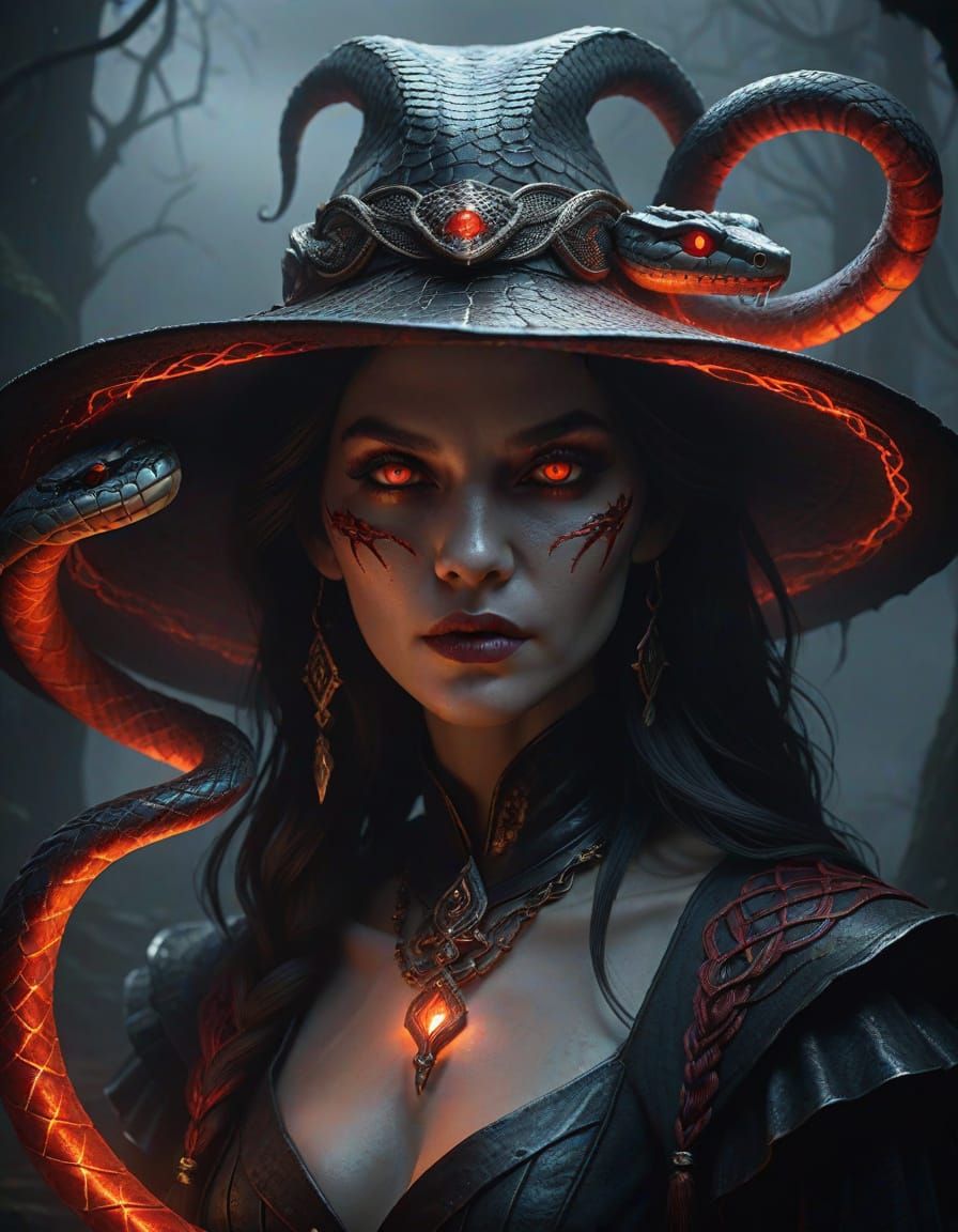 Dark Sorceress With Enchanted Snake Hat