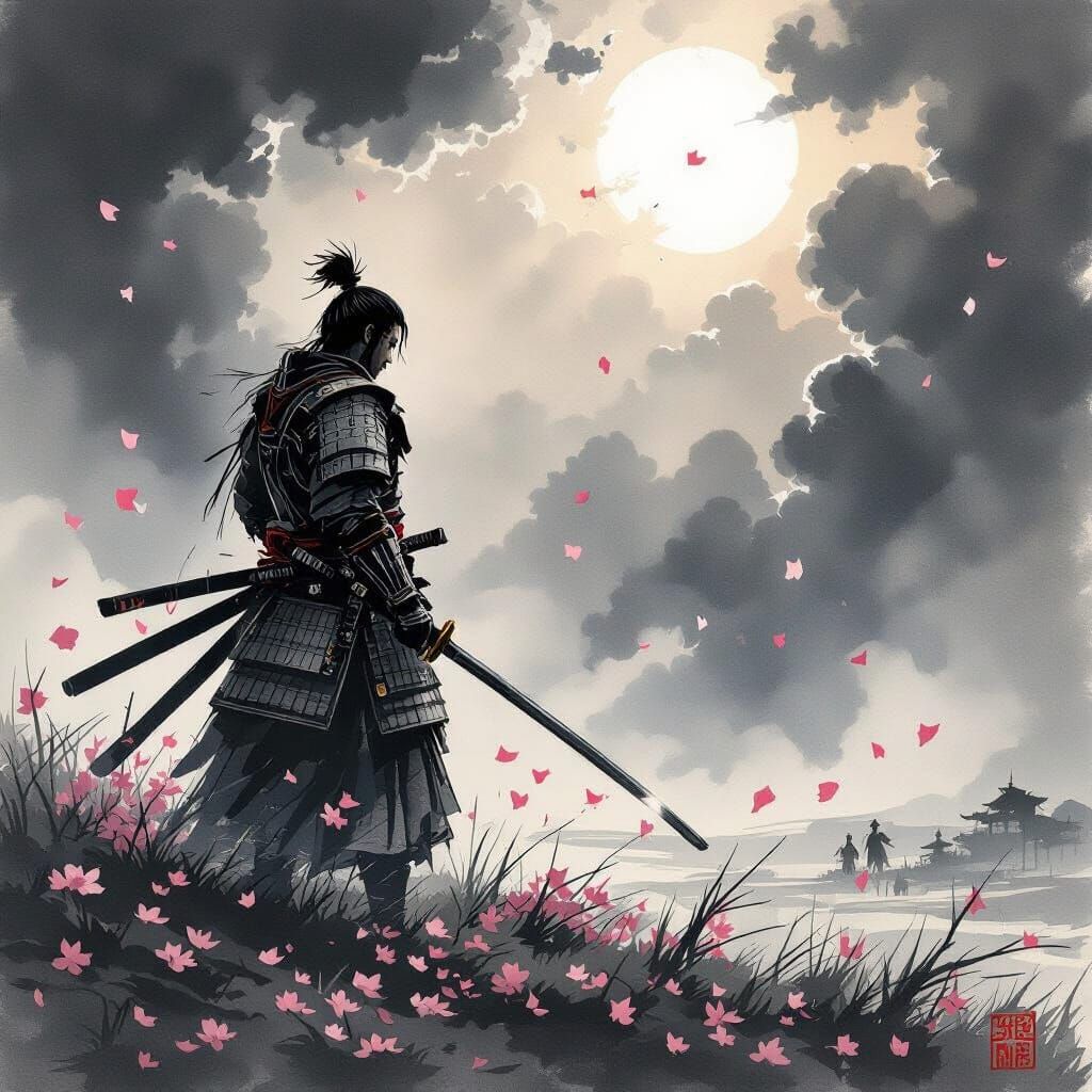 Samurai Warrior on Windswept Battlefield in Ink Wash Style
