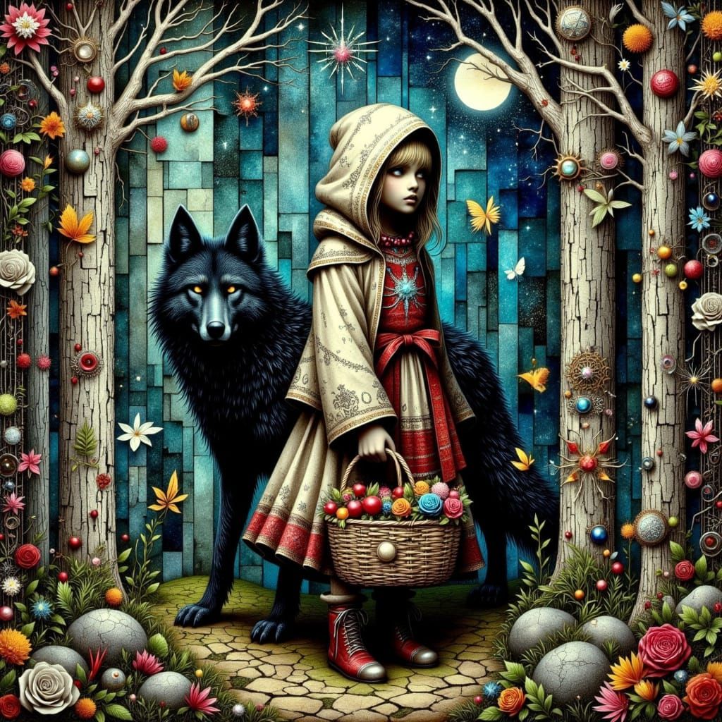 Whimsical Girl at Forest Edge in Patchwork Style