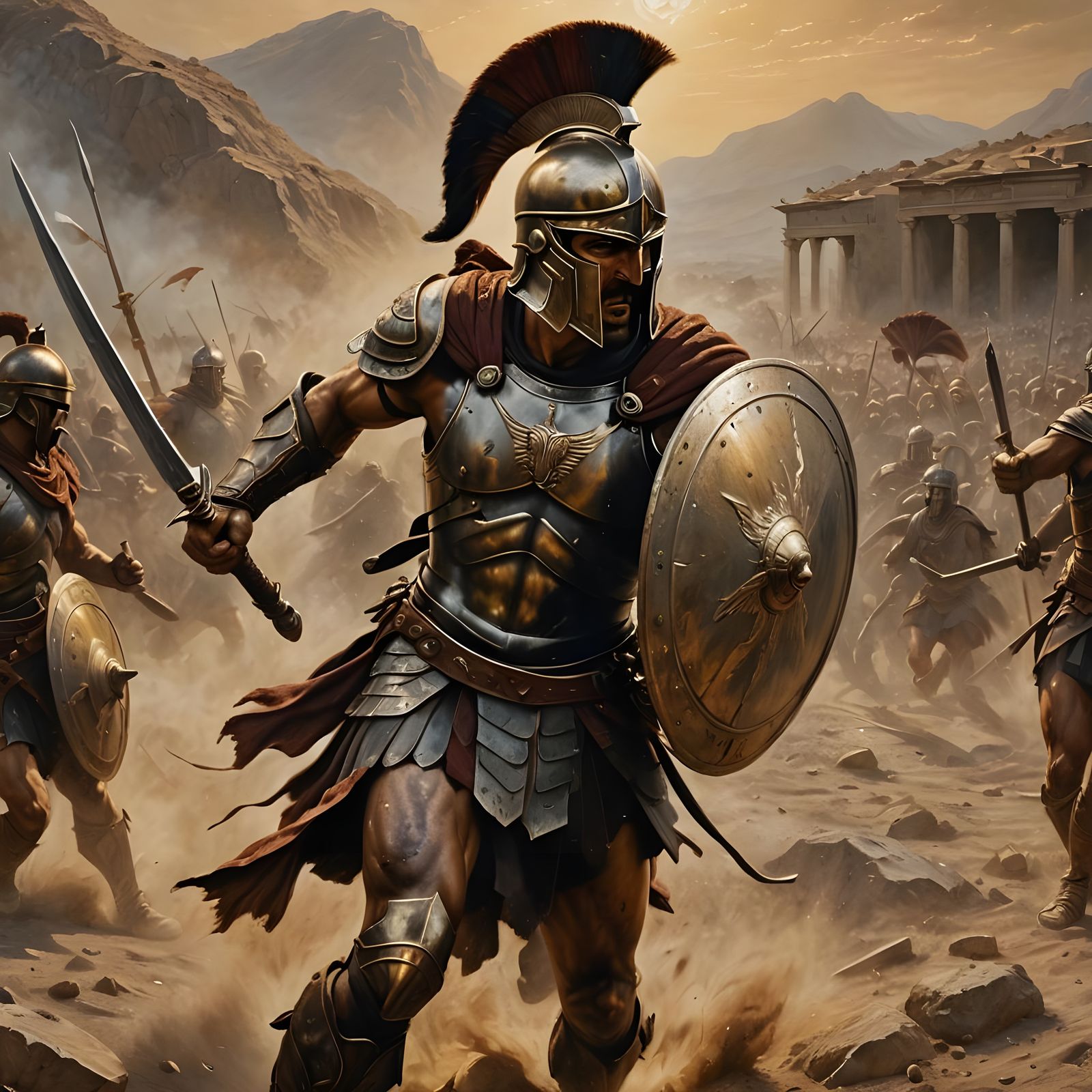 Spartan Hoplite on Battlefield: Realistic Oil Painting