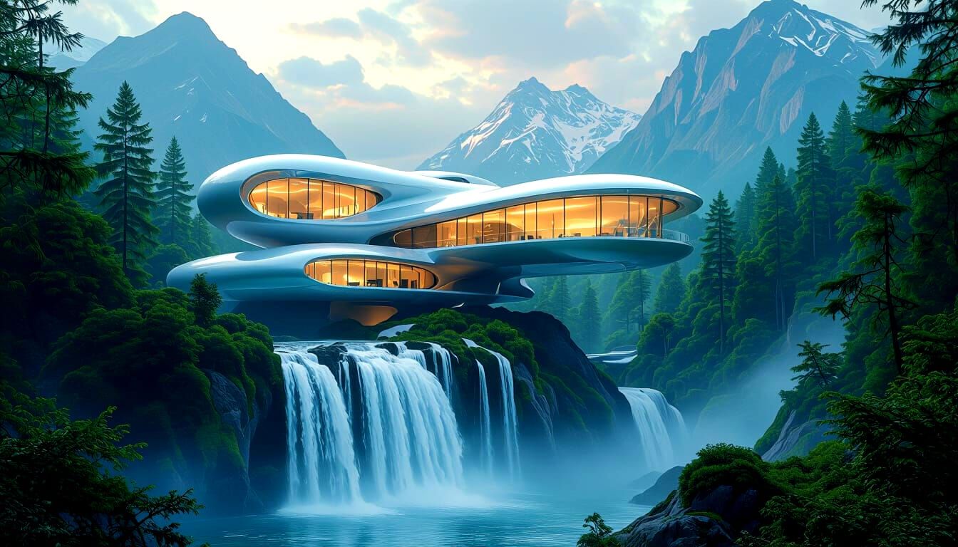 Surreal Futuristic House Above Waterfall