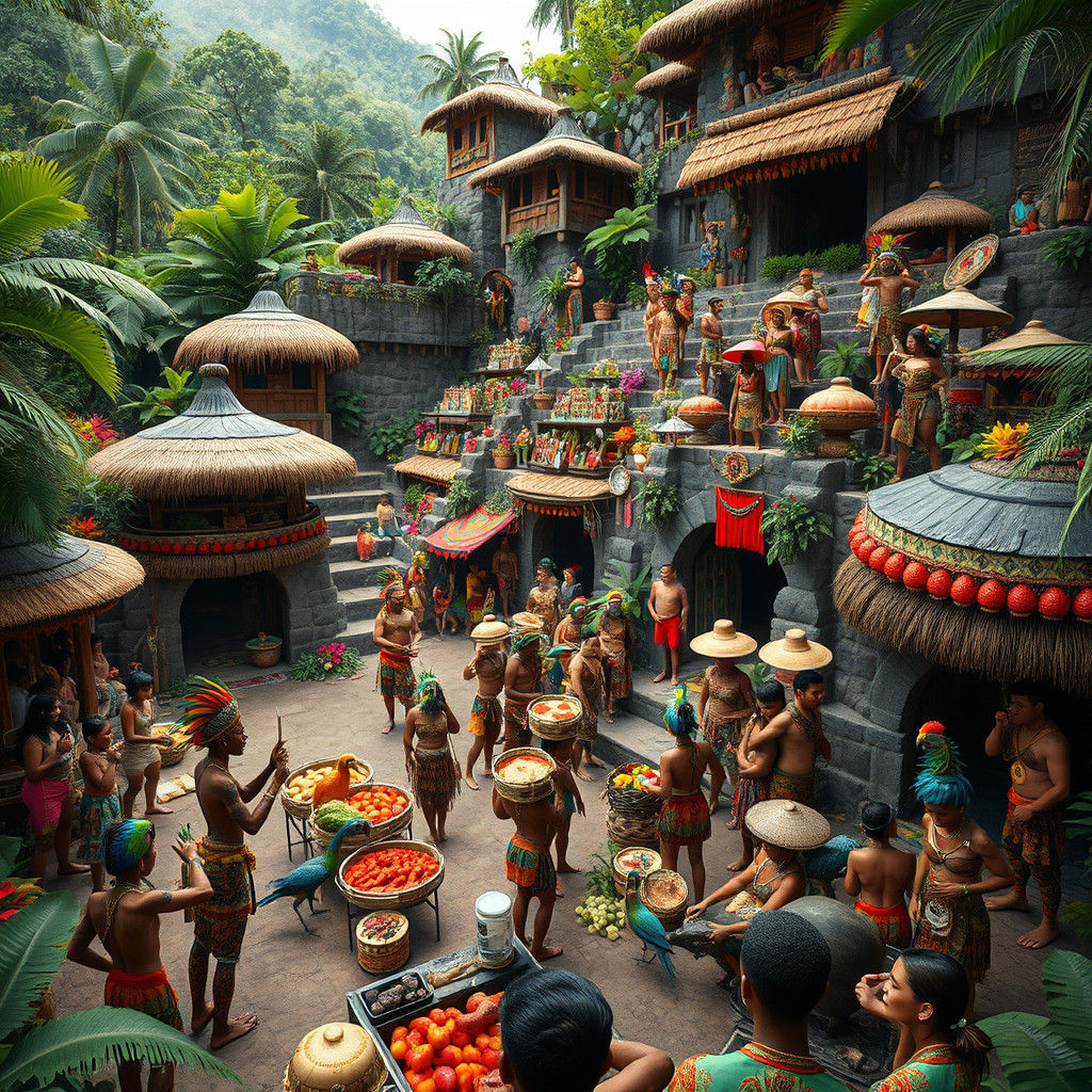 Vibrant Mayan Village Scene in Lush Jungle