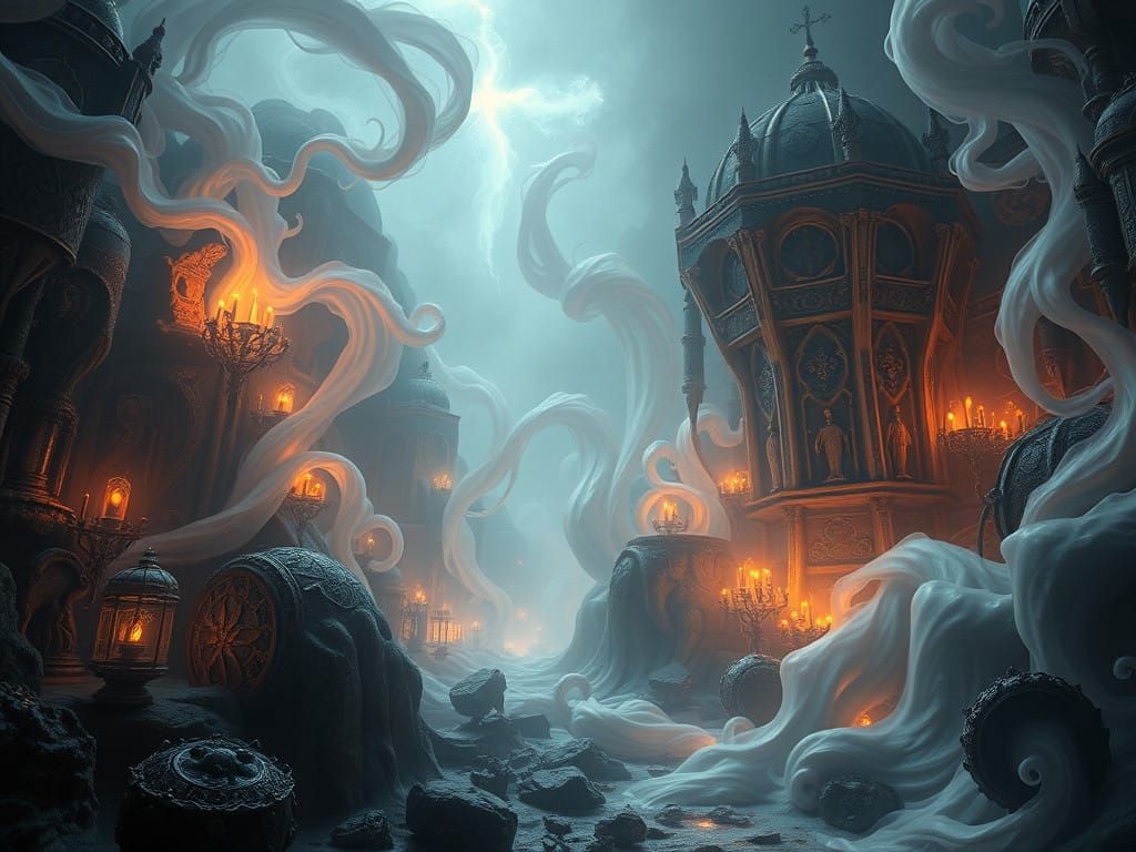 Ethereal Liquid Tendrils Flow Amidst Ancient Armory in Fiery...