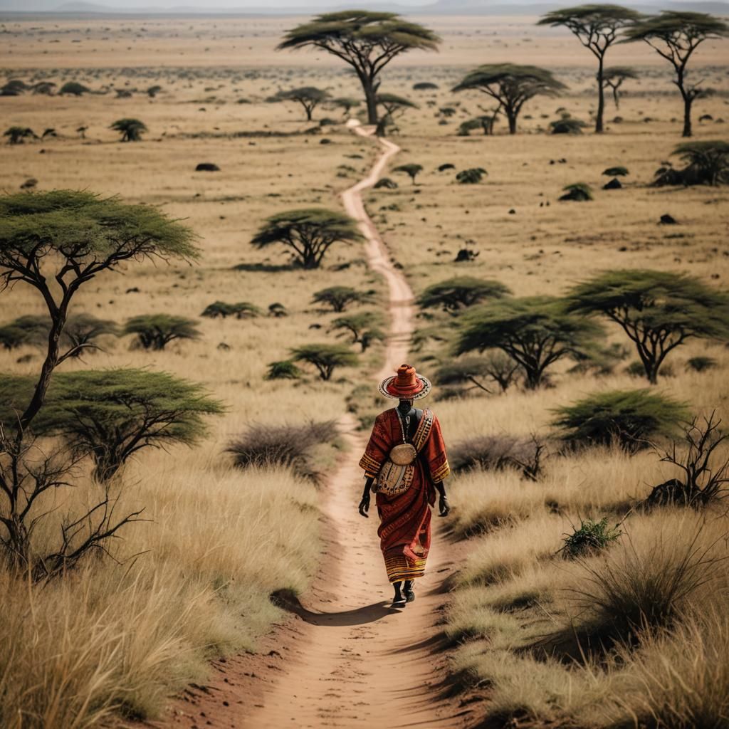 African Woman Walking in Savanna Grassland
