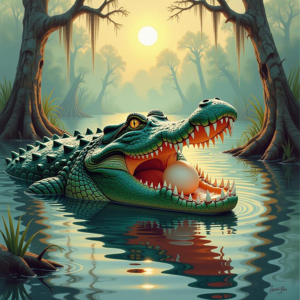 Crocodile Gripping Egg in Murky Swamp, Detailed Art