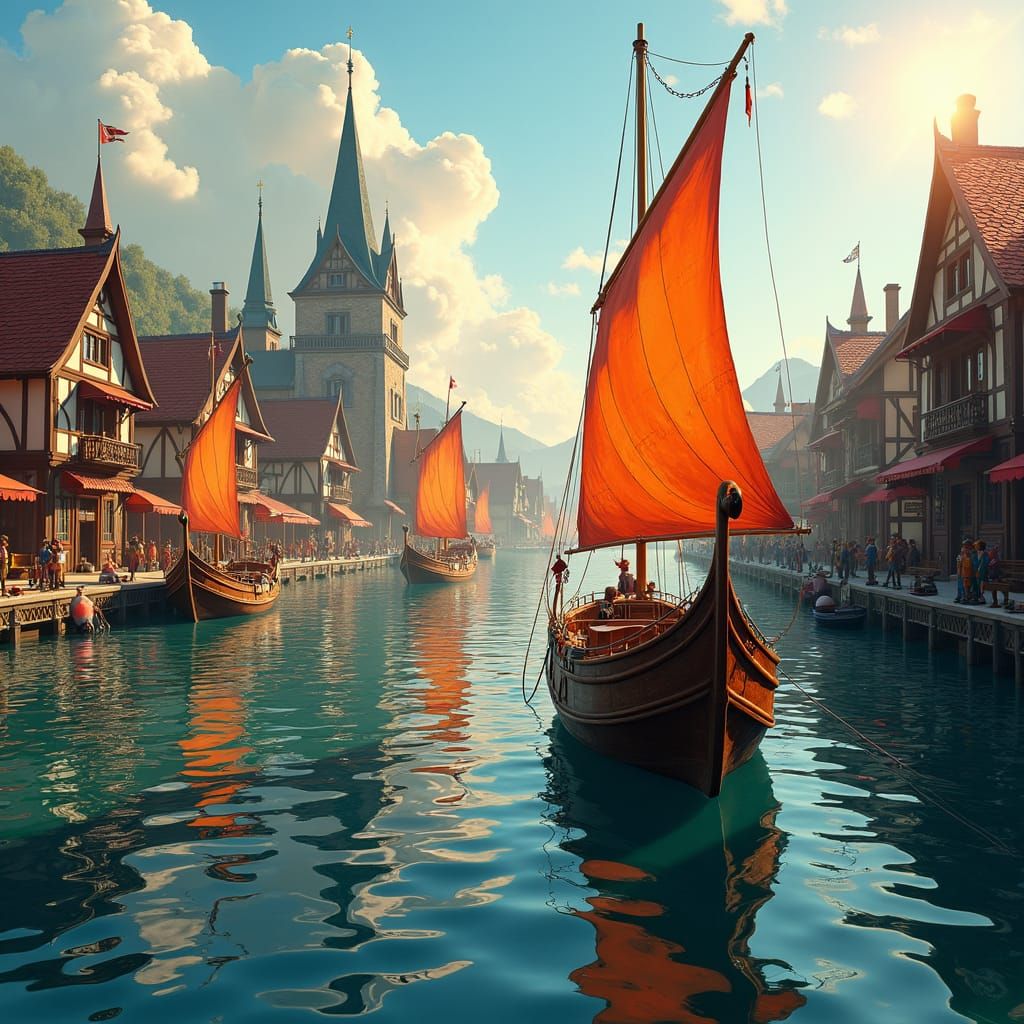 Passenger Boats in Harbor: Matte Painting Style