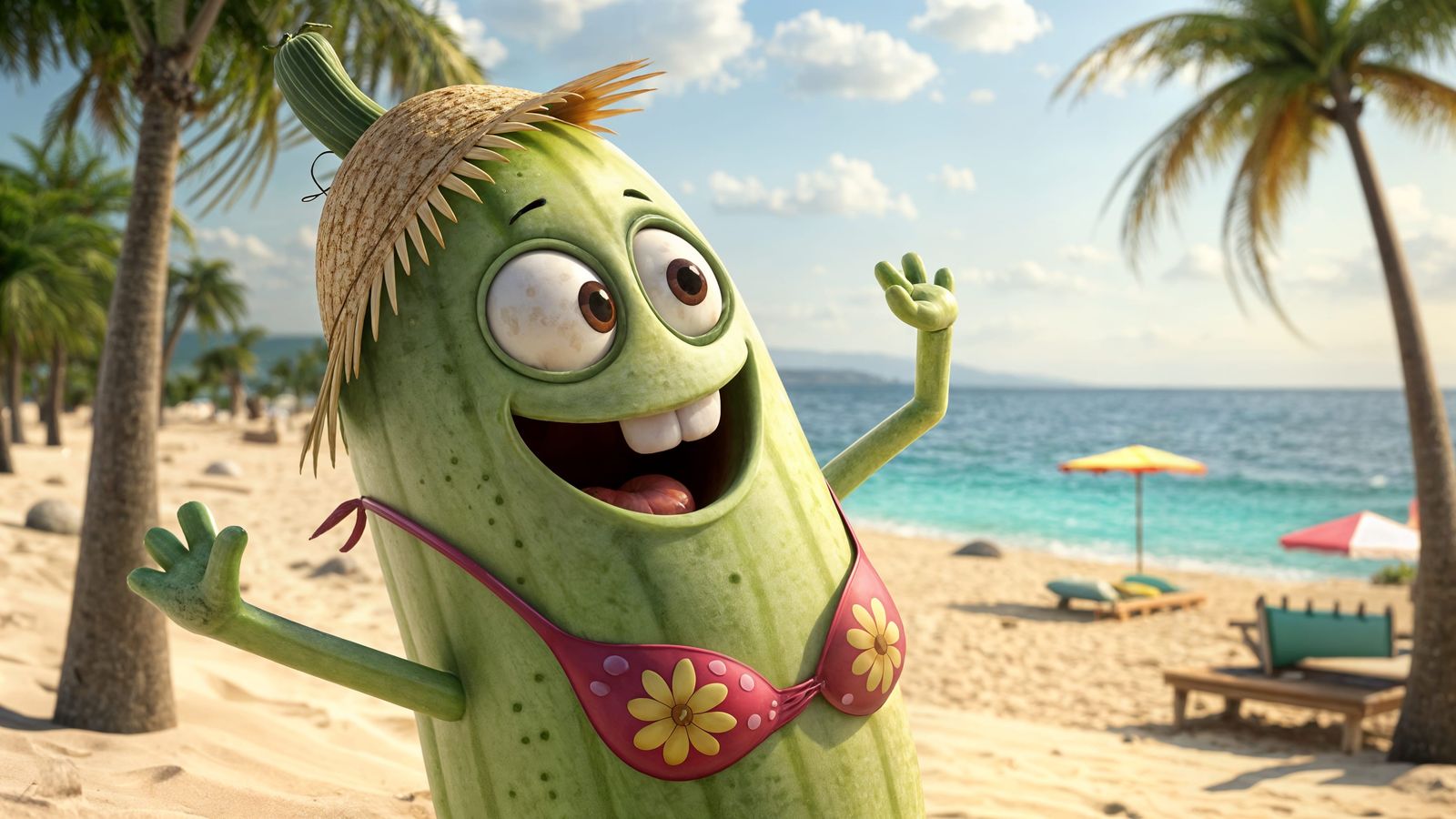 Cheerful Cartoon Zucchini in Beach Bikini
