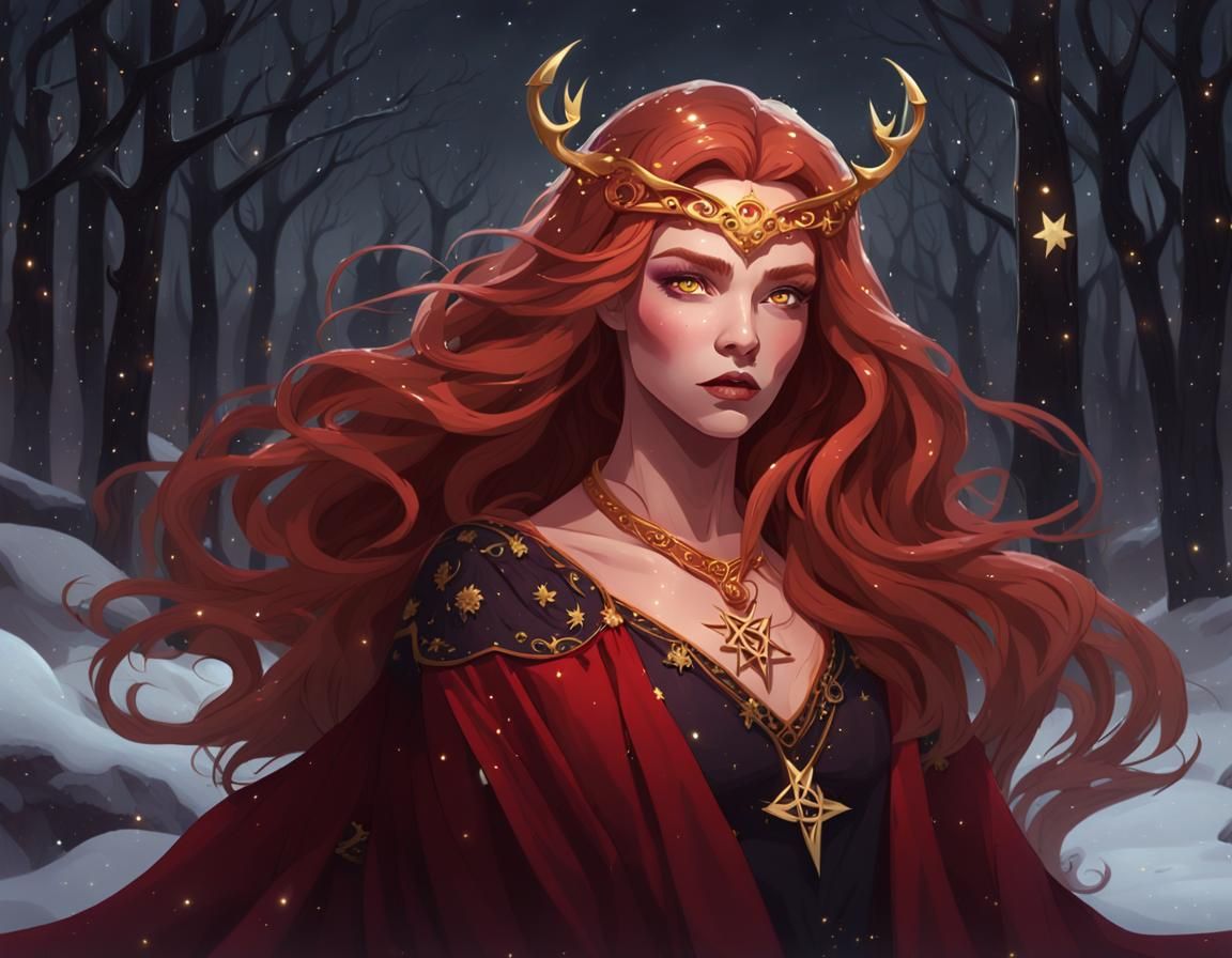 Beautiful Witch in Snowy Forest, Photorealistic Image