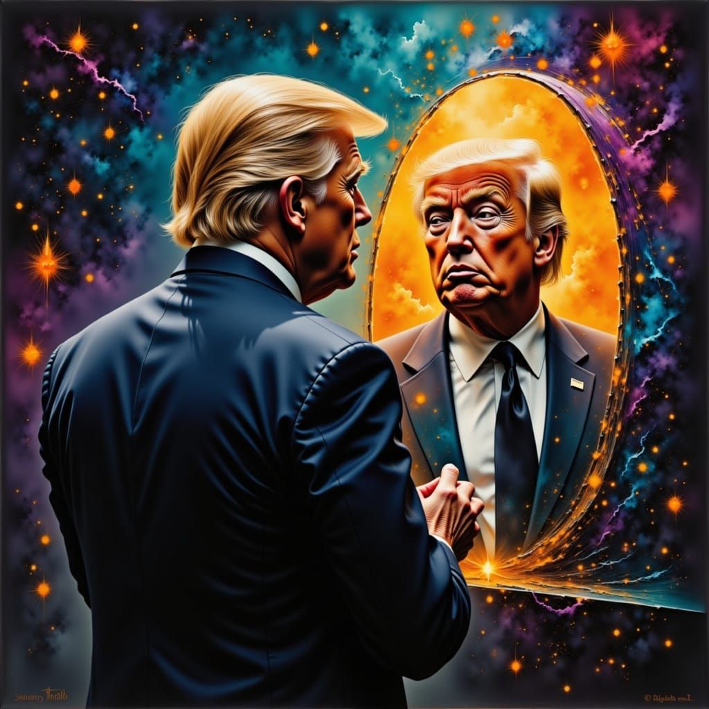 Donald Trump looks at himself in the mirror of truth<lora:Moody:1.0>