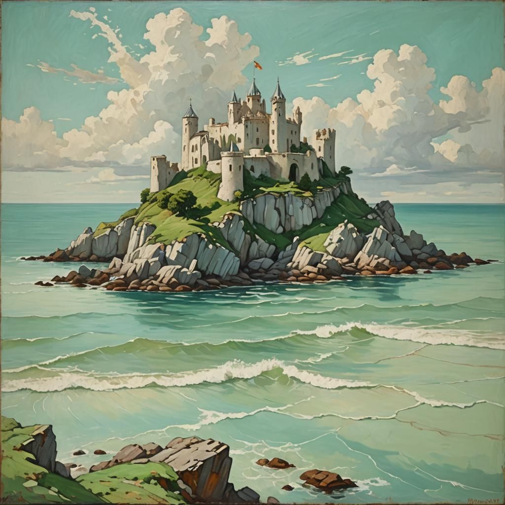 Island Castle Ruins: Art Nouveau Rococo Seascape