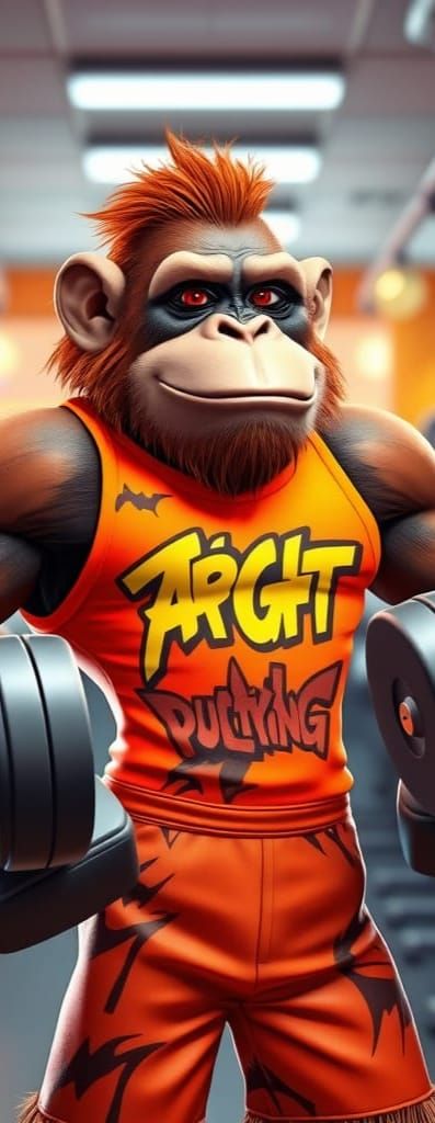 Gym Bro Orangutan Doing Curls in a Retro Fitness Scene