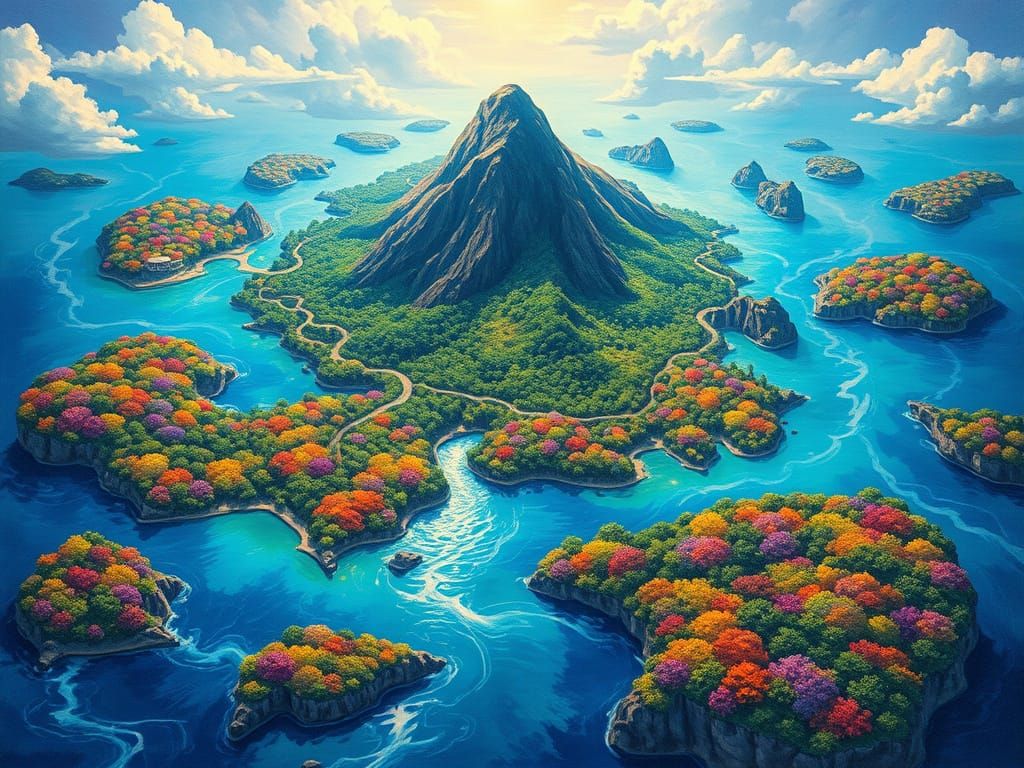 Surreal Archipelago in Vibrant, High-Contrast Oil Gouache St...