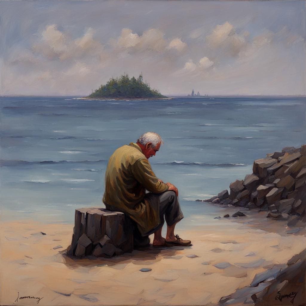 Lonely Man on Island: Oil Painting