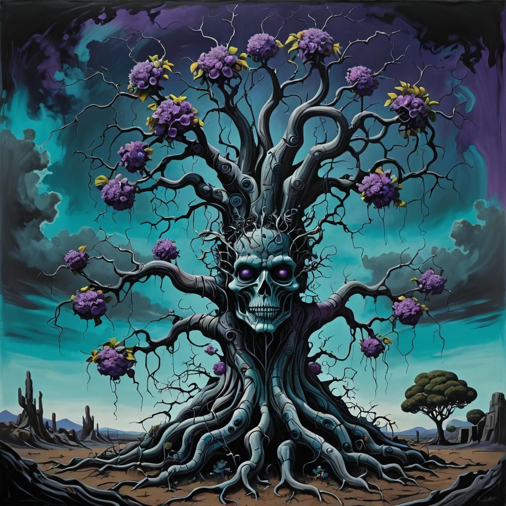 Surreal Tree Roots with Flowers, an Oil Painting