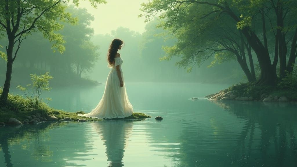 Woman Contemplates Waters in Miyazaki Style