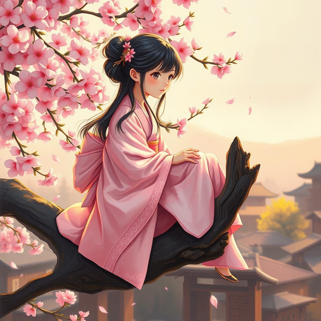 Girl in Kimono Under Cherry Blossoms, Vibrant Oil Painting