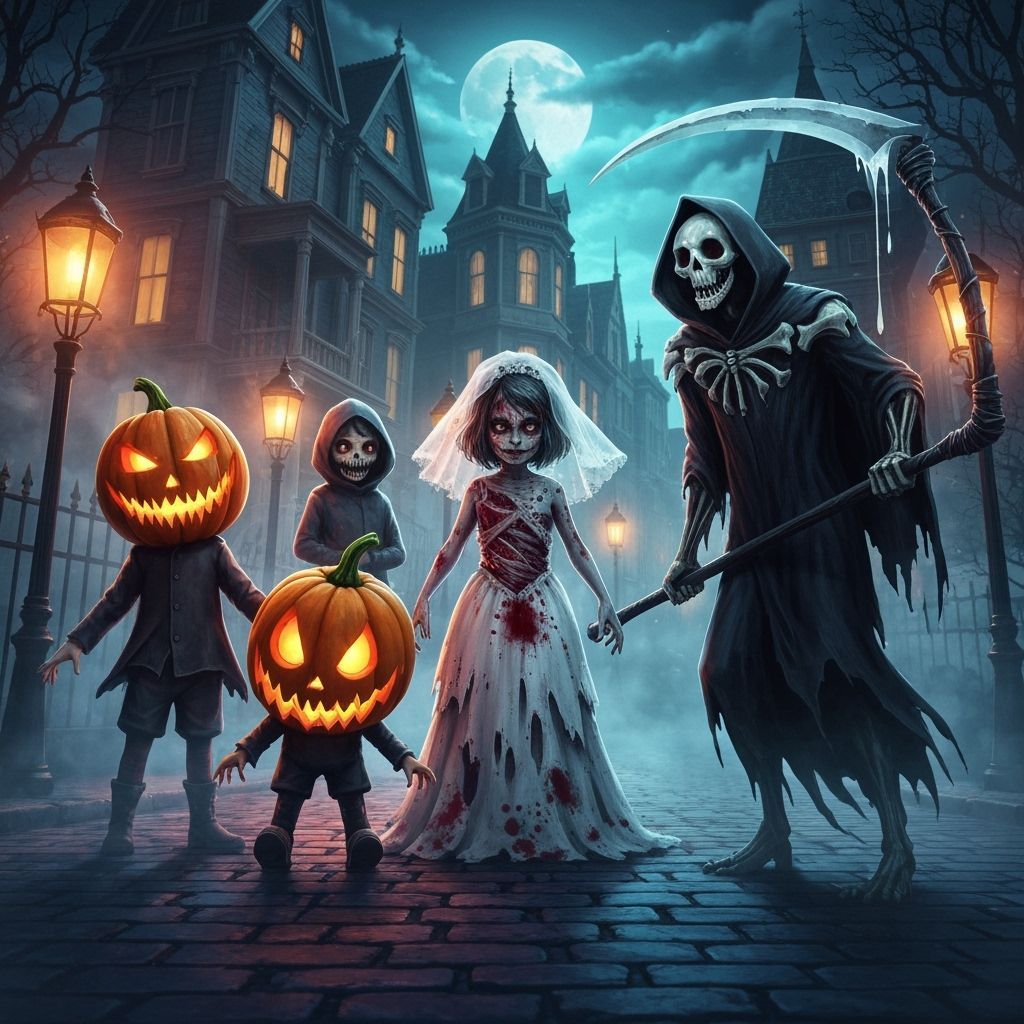 Macabre Halloween Costumes on Cobblestone Street