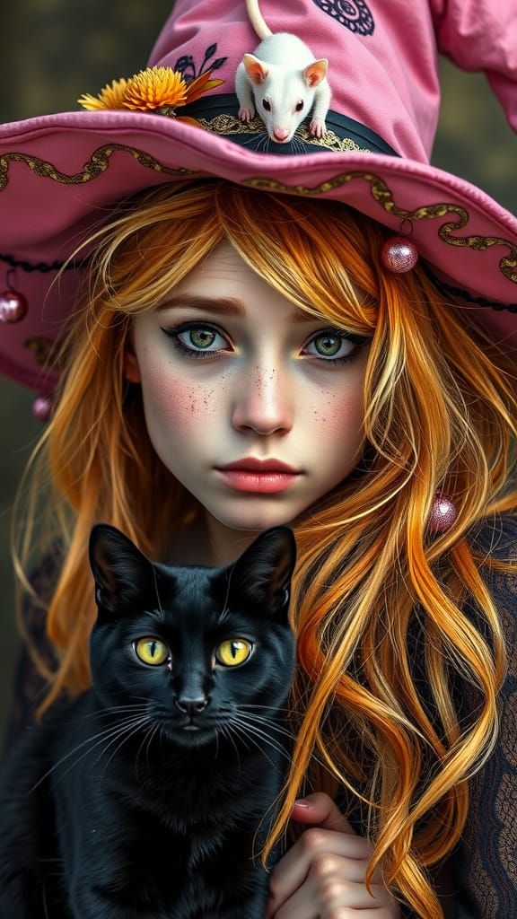 Hippie Witch with Black Cat in Pop Art Style