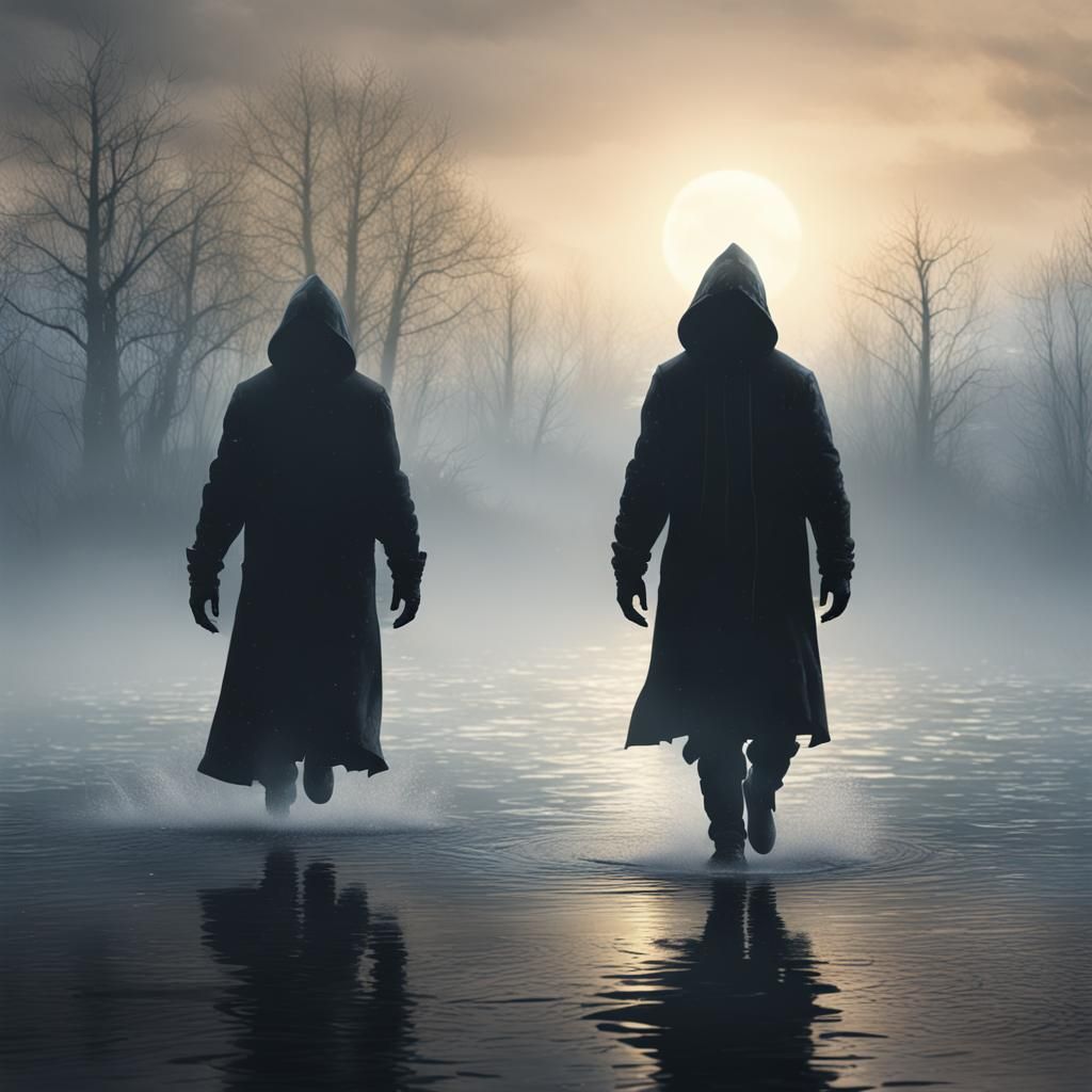 Silhouette Walks on Water in Snowy Landscape