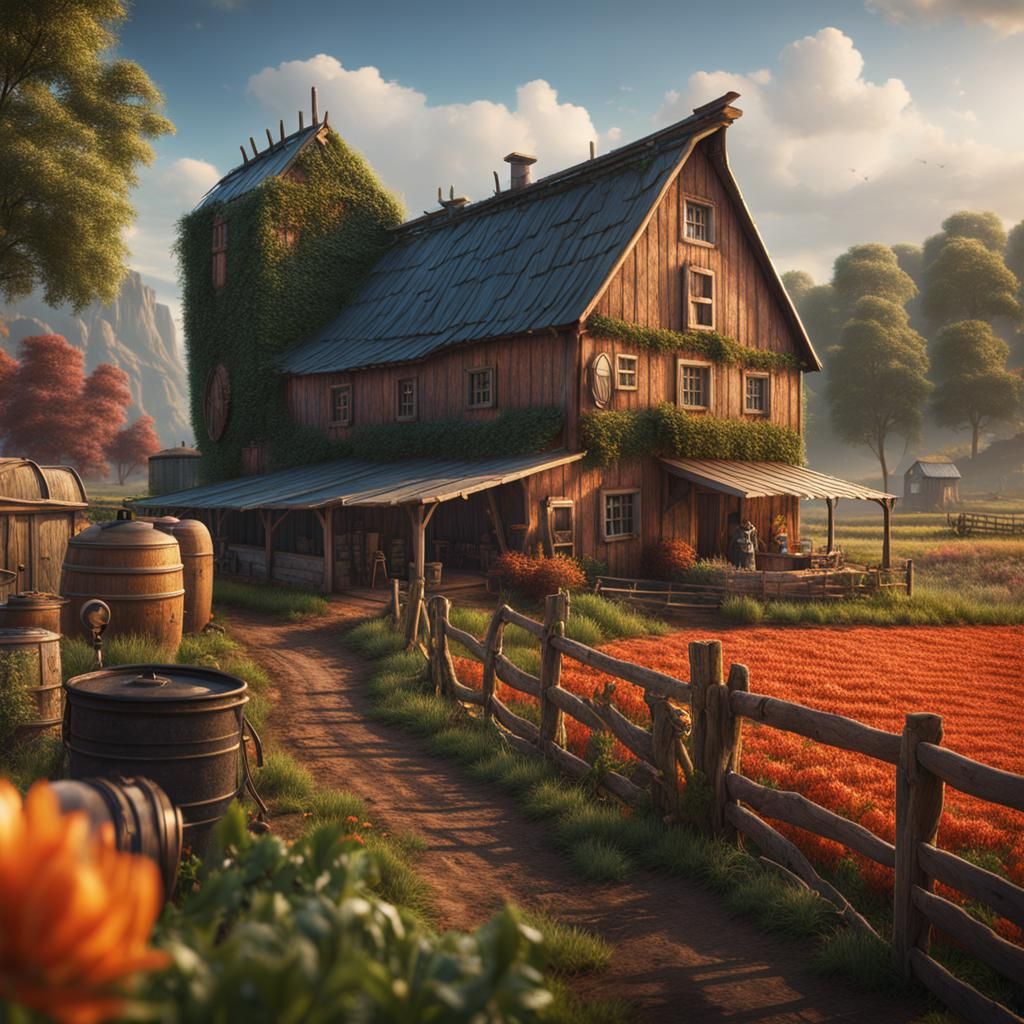 Anthropomorphic AI Farmer: Detailed Matte Painting