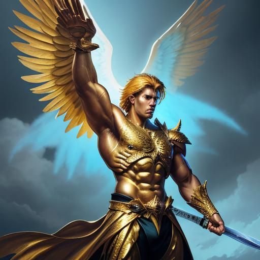 Golden Angel in Heaven with Sword, Realistic Style