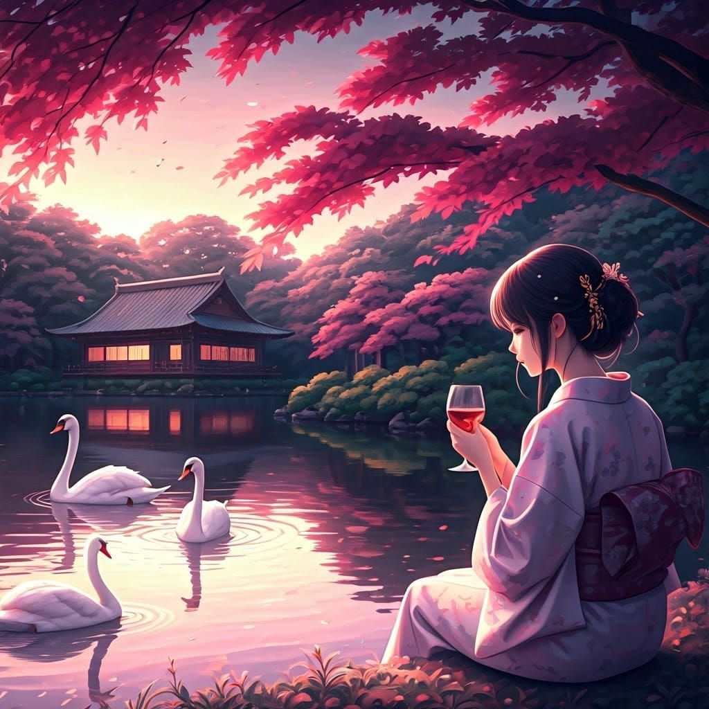 A dark, vague, indistinct, shadowed, silhouetted shadowy shape of a Japanese woman, dressed in a kimono with an indistin...