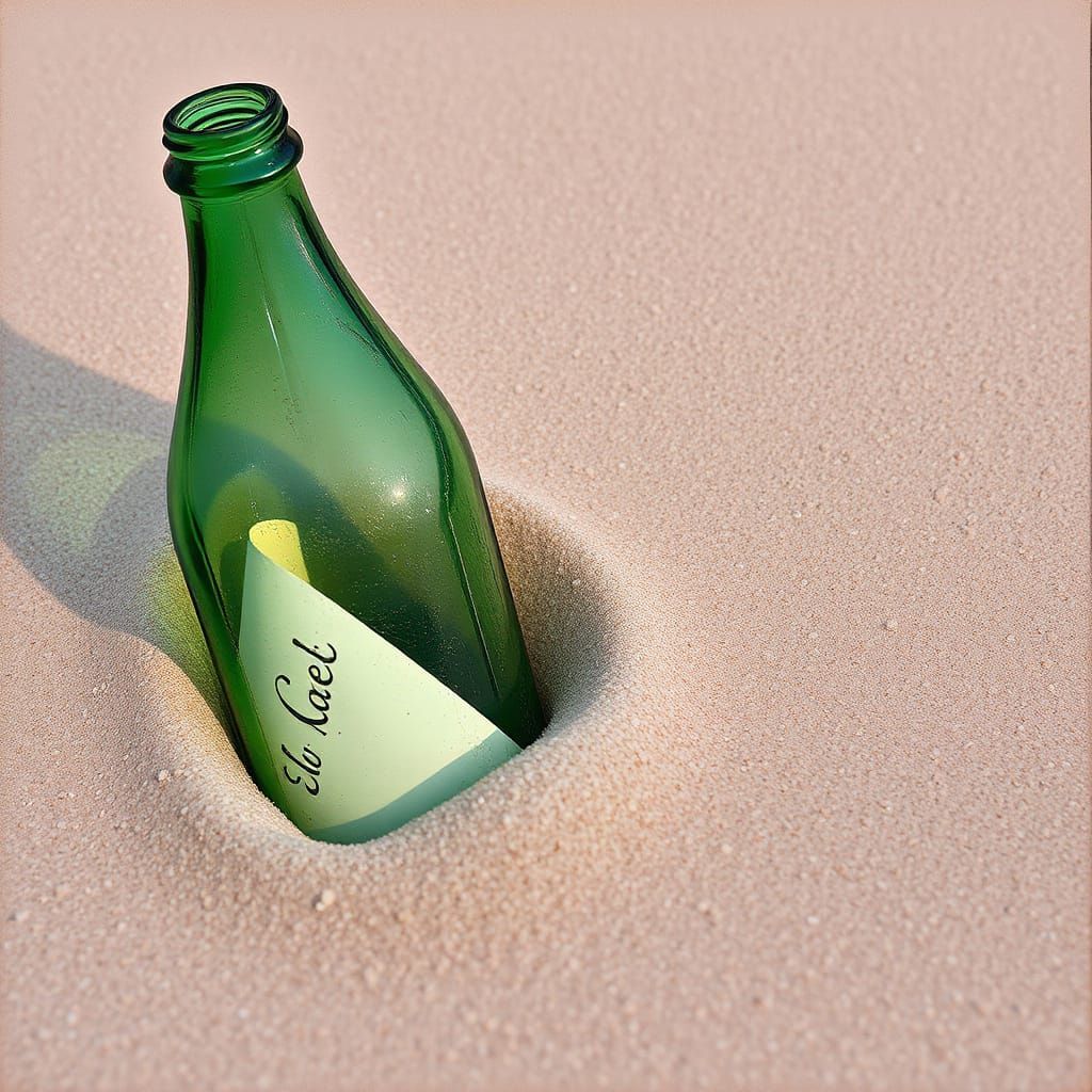 Weathered Green Soda Bottle on Pink Beach with Rolled Up Let...