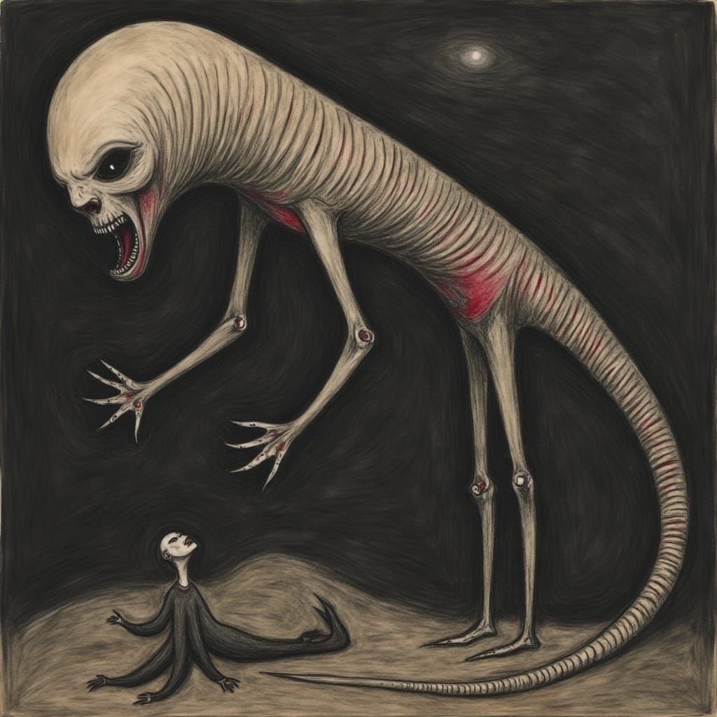 Nightmarish Creature of Cosmic Horror in Biomechanical Style