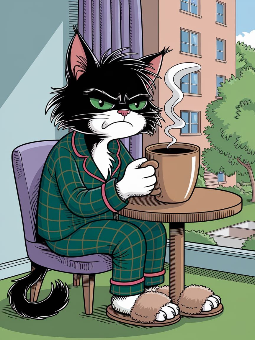Grumpy Cat Sipping Coffee in Morning Light