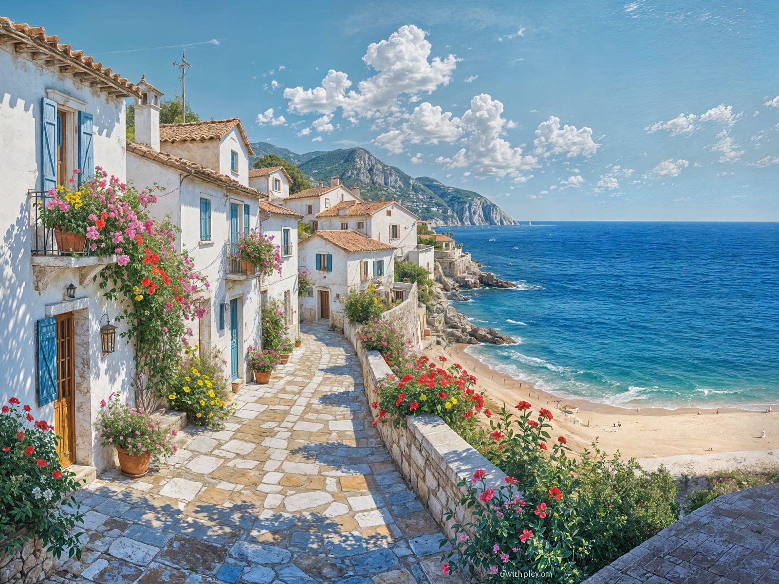 Sun-Drenched Italian Hamlet in Impressionist Style