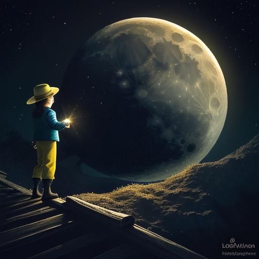 Boy Reaching Moon in Surrealist Dreamscape
