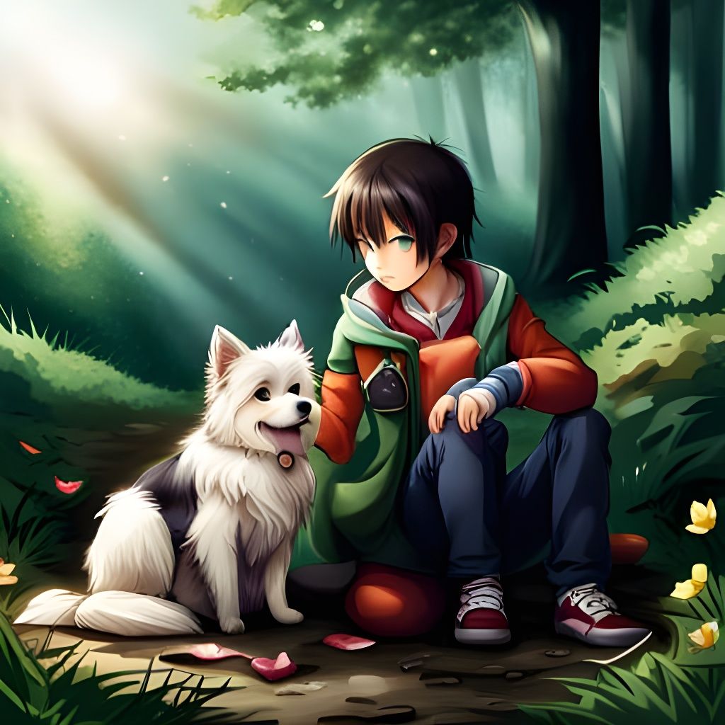 Anime Style: Child and Dog, Detailed Render