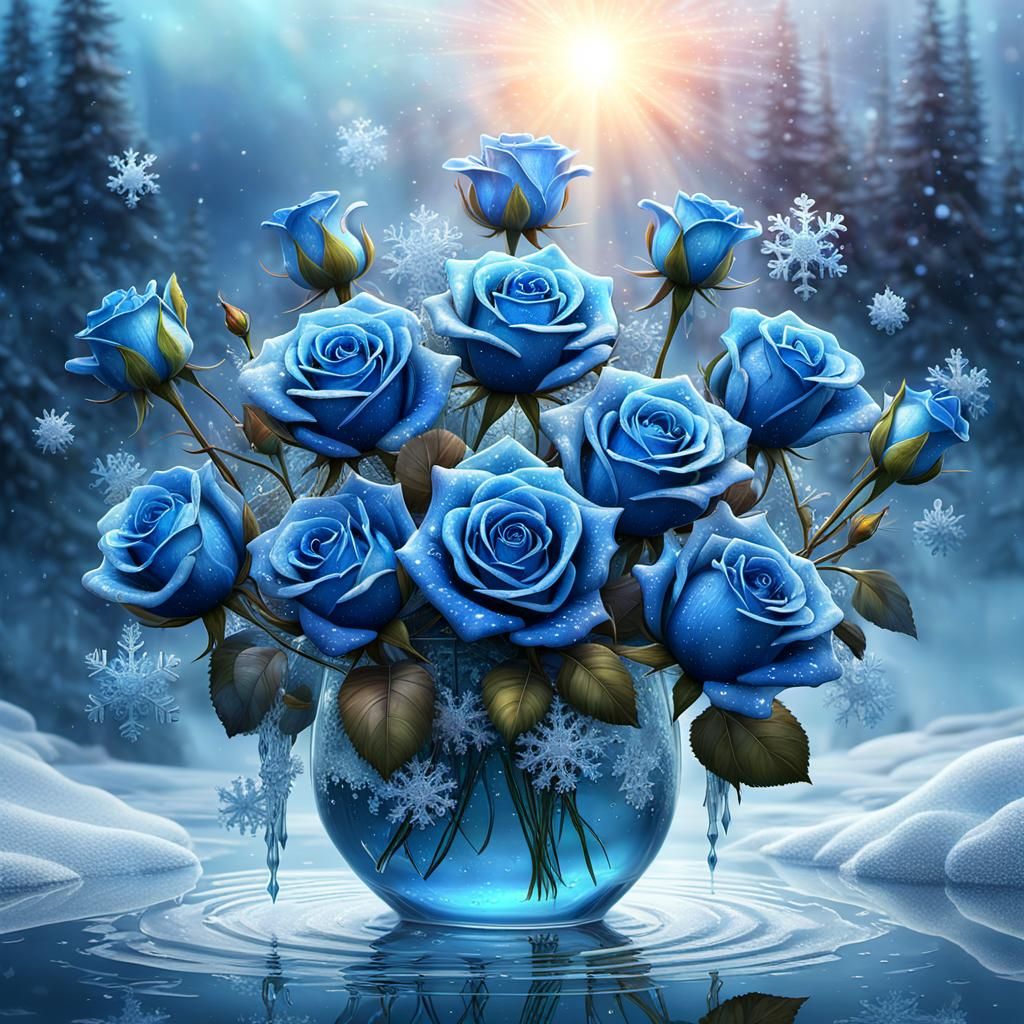Crystalline Blue Roses Bouquet on Icy Pond