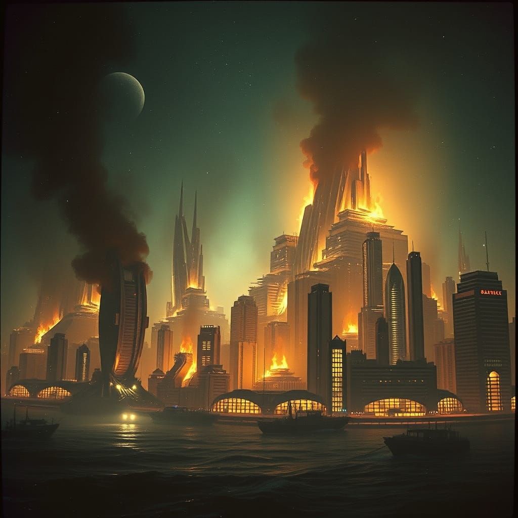Futuristic Babylon Metropolis Sinks into the Sea in a Dramat...
