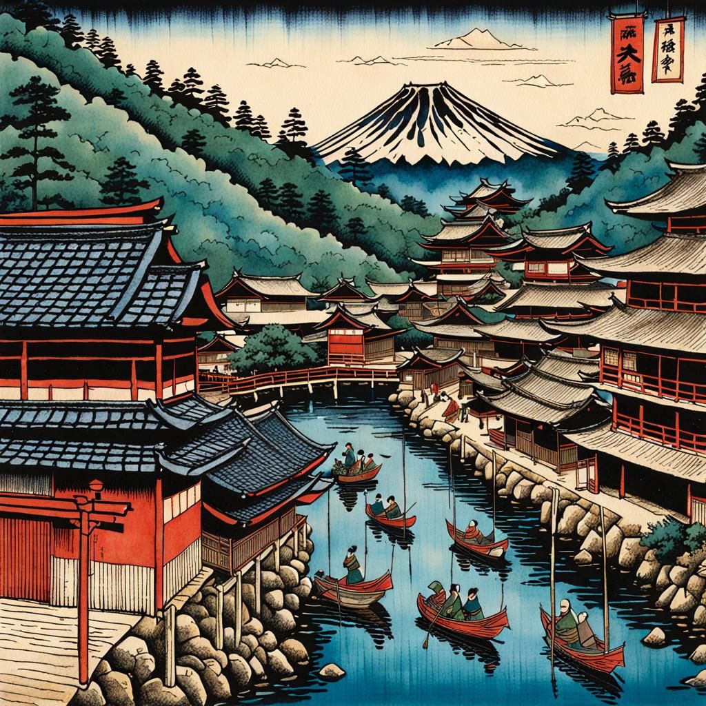 Ancient Japan Village in Ukiyo-e Style