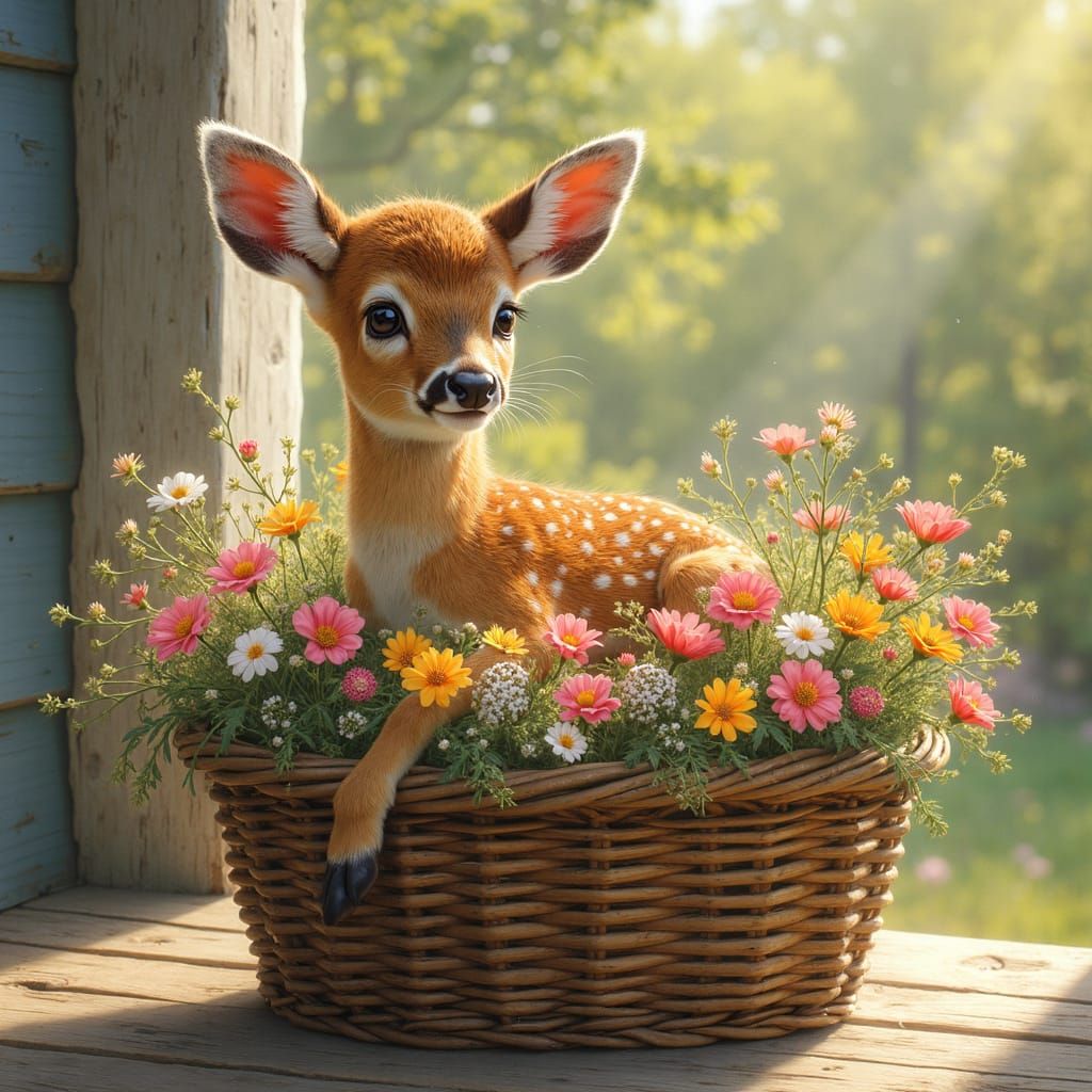 Kawaii Fawn in Wildflower Basket on Porch
