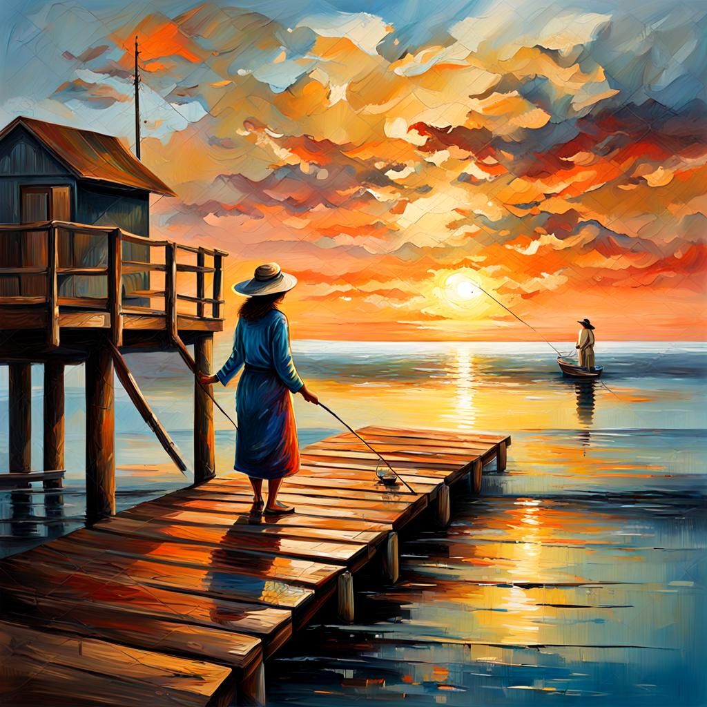 Woman Fishing at Sunset: Abstract Oil Painting