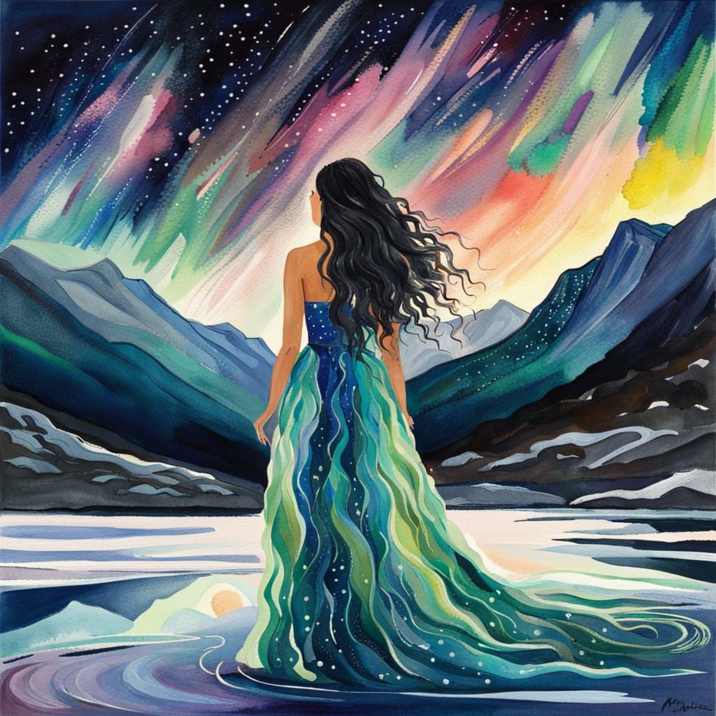 Woman at Icy Lake Under Aurora in Gouache Style