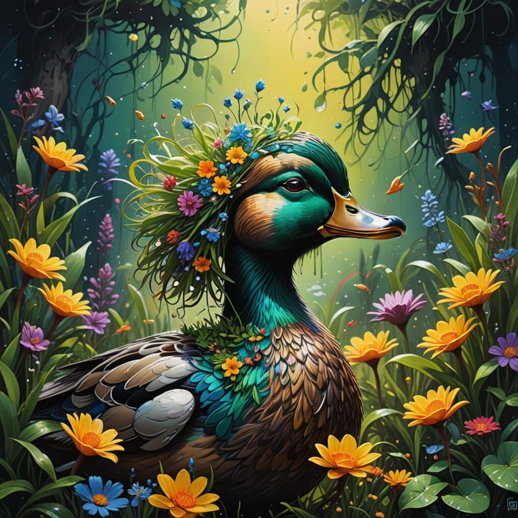 Vibrant Dreamlike Duck in Abstract Art Style