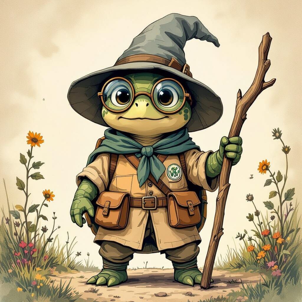 Turtle Wizard in Boy Scout Outfit, Whimsical Illustration
