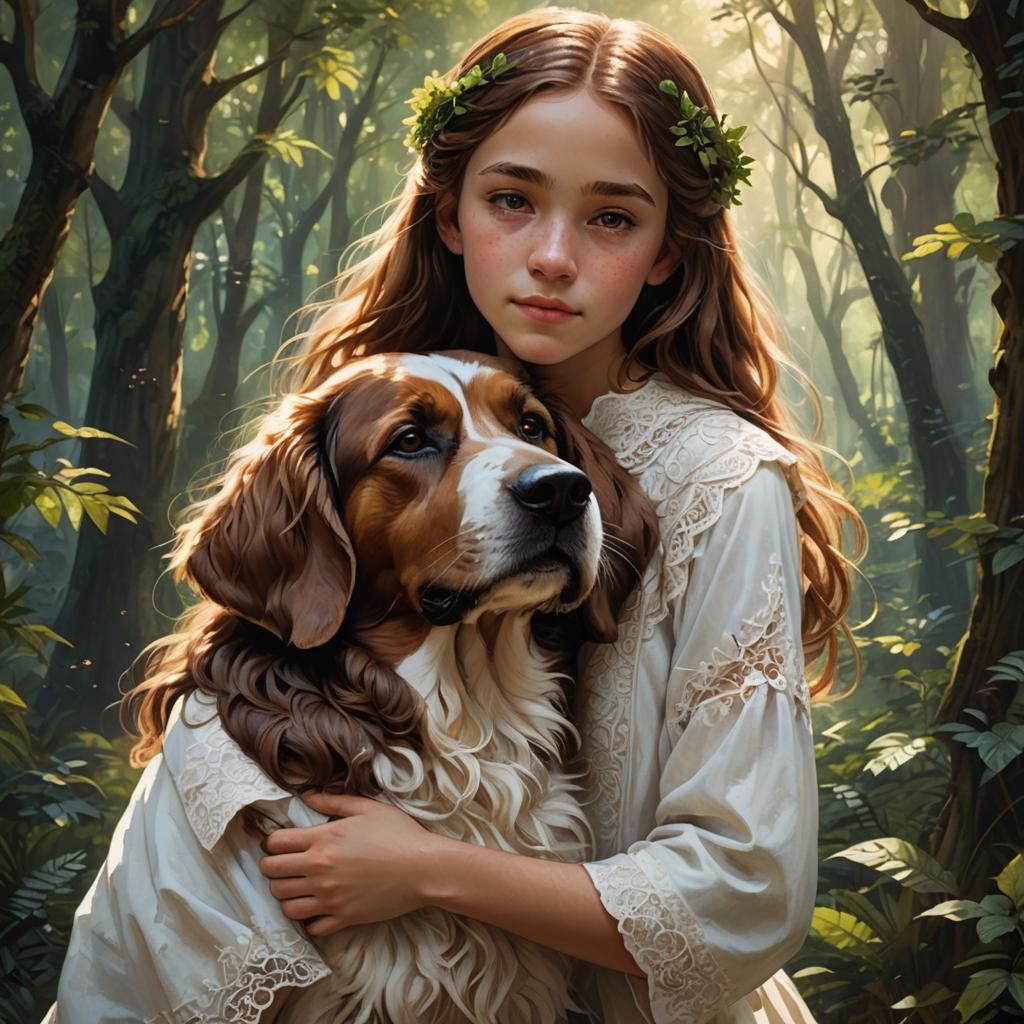 Girl and Dog Portrait in Fantasy Style