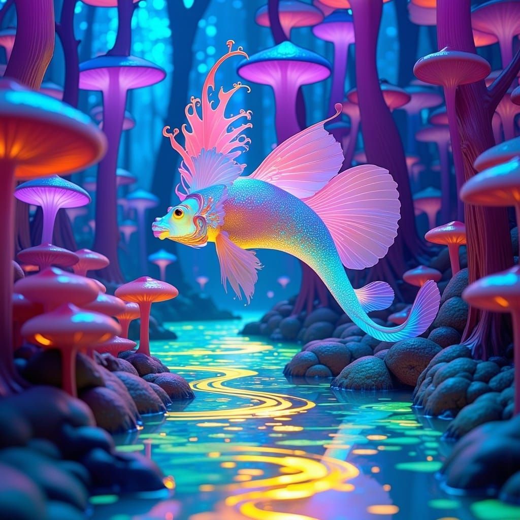 Majestic Lion Fish Soars Through Vibrant, Ethereal Forest