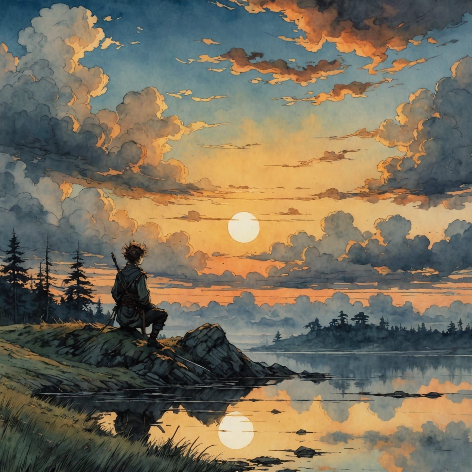 Anime Sunset Watercolor Painting in Rackham Style