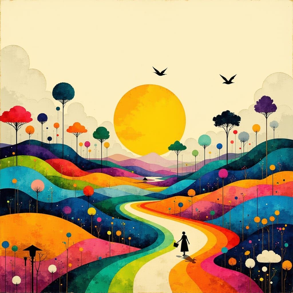 Vibrant Folk Art Landscape with Whimsical Touch